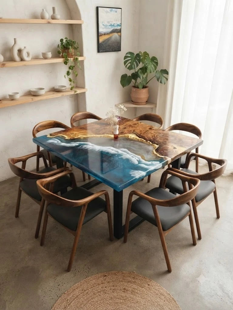 Coastal Wave Epoxy Dining Table – Live Edge Wood Ocean Table