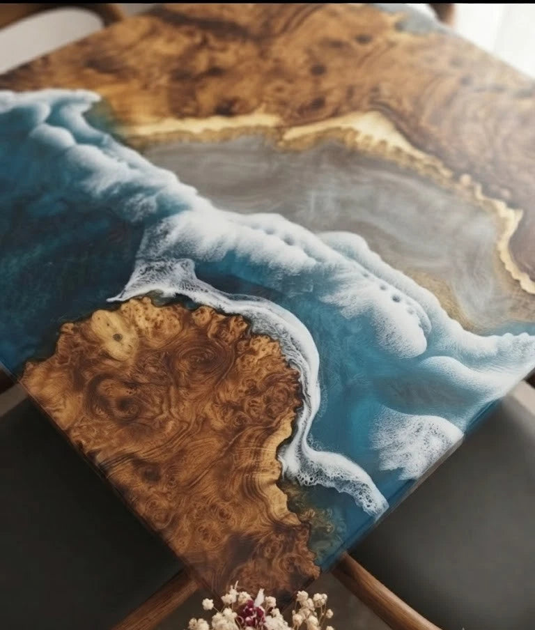 Coastal Wave Epoxy Dining Table – Live Edge Wood Ocean Table