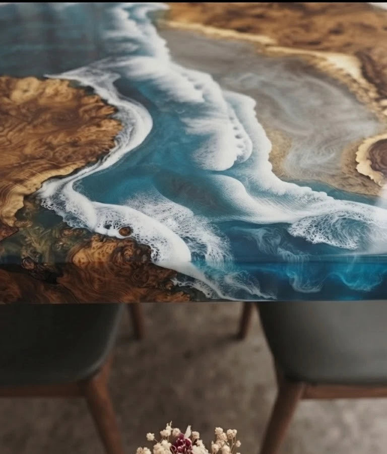 Coastal Wave Epoxy Dining Table – Live Edge Wood Ocean Table