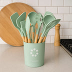 12-Piece Silicone Kitchen Utensil Set – Non-Stick Cooking Tools with Wooden Handles & Storage Holder