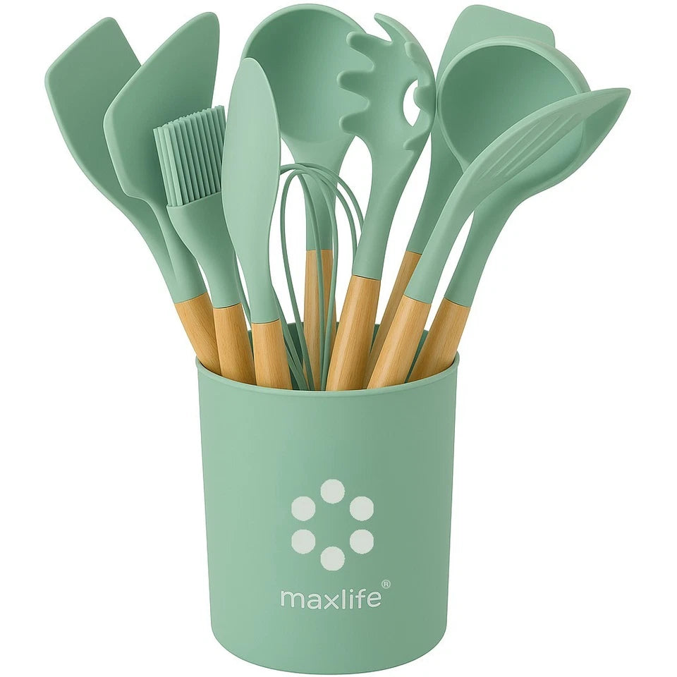 12-Piece Silicone Kitchen Utensil Set – Non-Stick Cooking Tools with Wooden Handles & Storage Holder