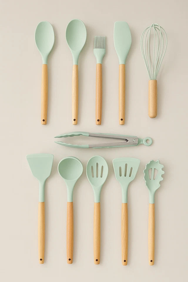 12-Piece Silicone Kitchen Utensil Set – Non-Stick Cooking Tools with Wooden Handles & Storage Holder
