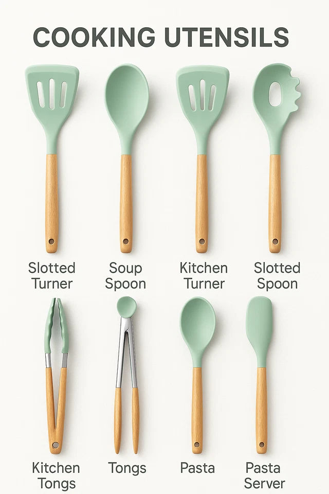 12-Piece Silicone Kitchen Utensil Set – Non-Stick Cooking Tools with Wooden Handles & Storage Holder