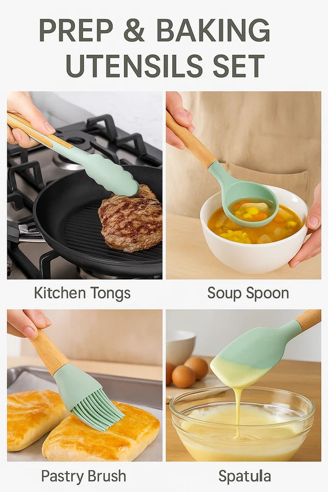 12-Piece Silicone Kitchen Utensil Set – Non-Stick Cooking Tools with Wooden Handles & Storage Holder